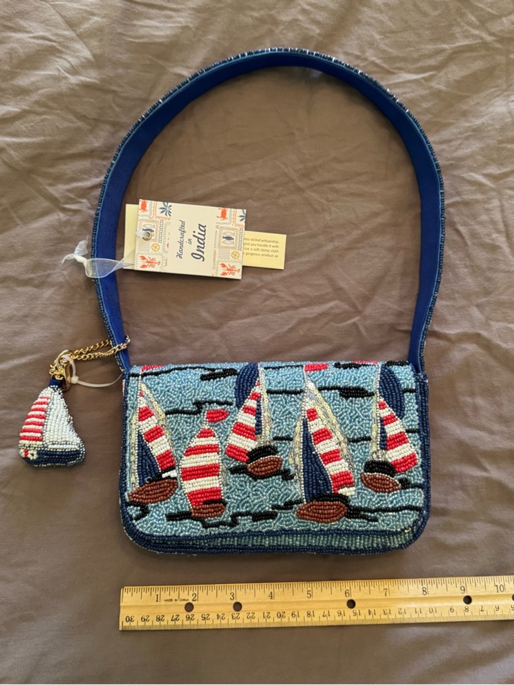 NEW NWT Handcrafted in India Viral Beaded Bag Red White & Blue Sailboats w Charm